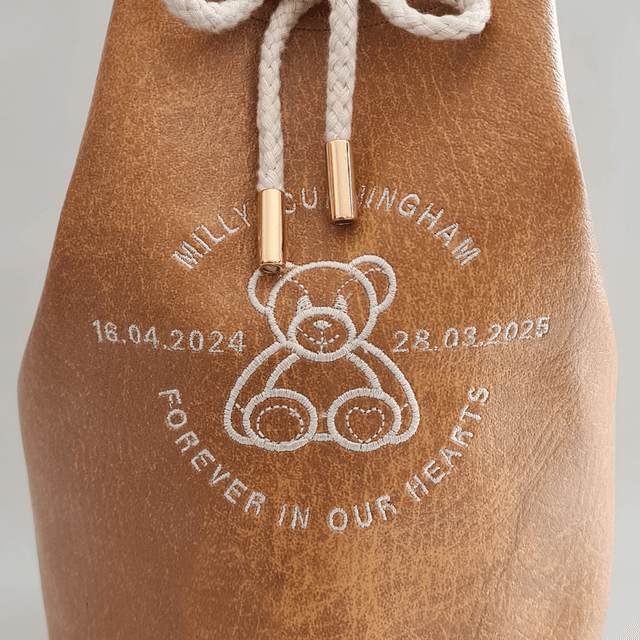 Medium - Cream Teddy Embroidered Personalised Handmade Urn Bag