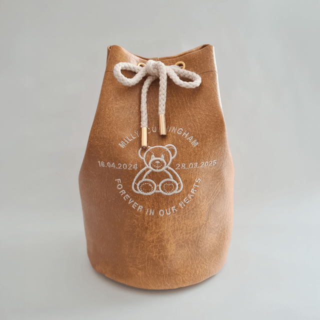 Medium - Cream Teddy Embroidered Personalised Handmade Urn Bag